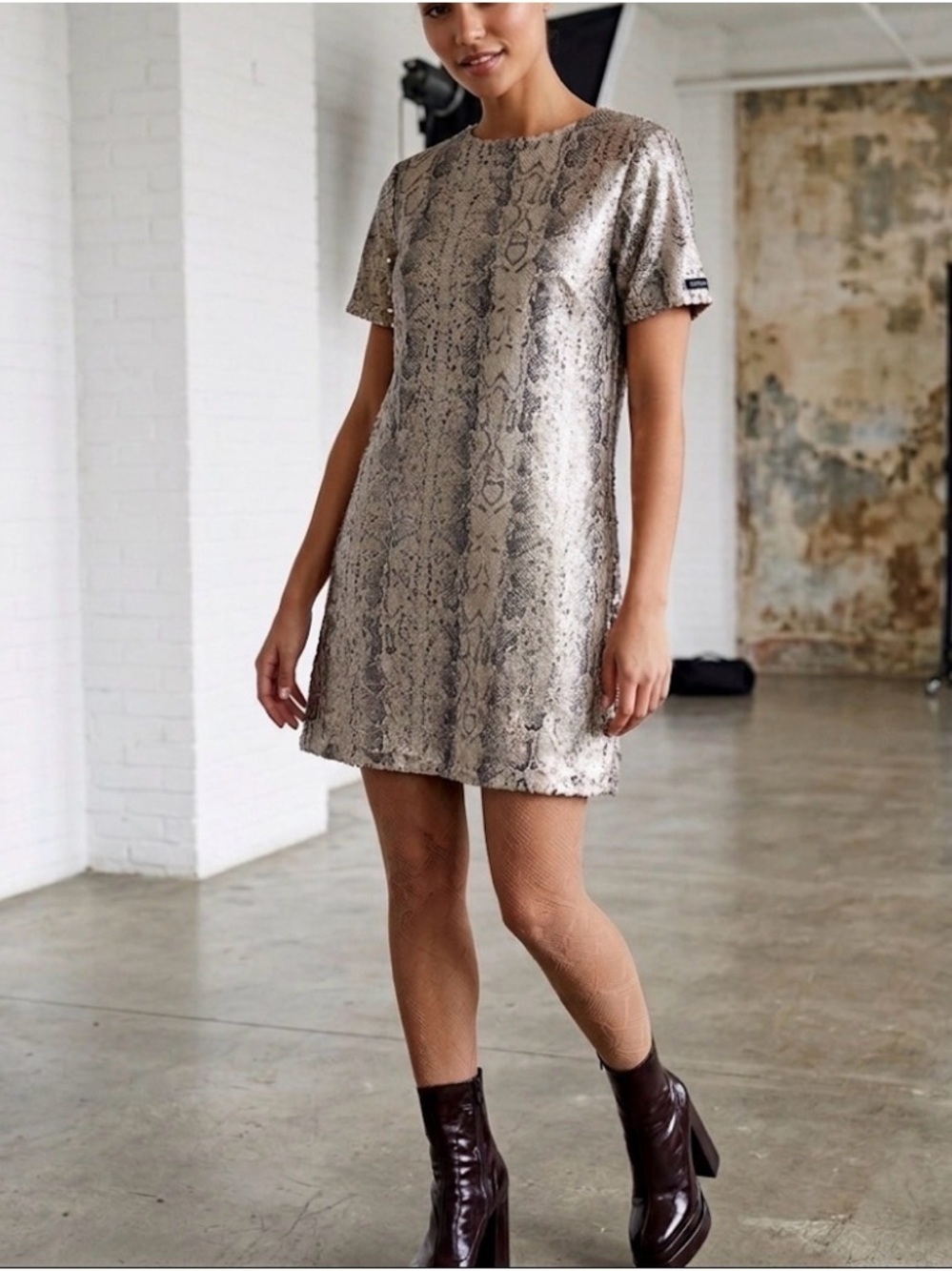 Karlie Elegant Snakeskin Print to Gold Sequined Mini Dress Size large